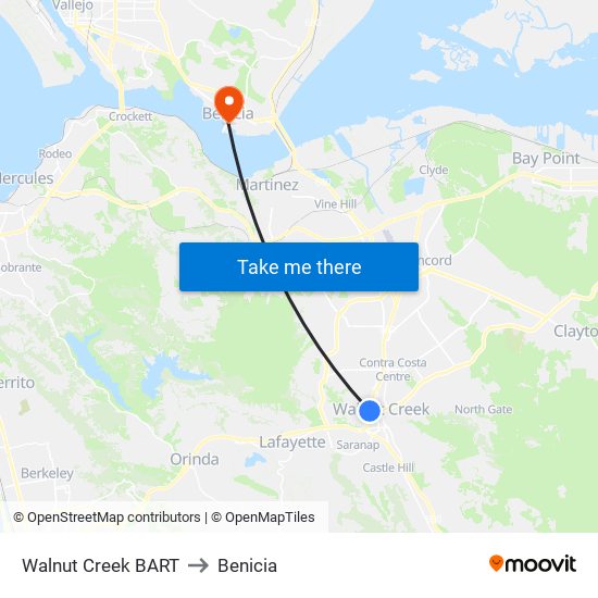 Walnut Creek BART to Benicia map