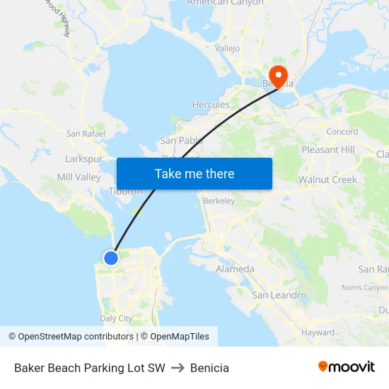 Baker Beach Parking Lot SW to Benicia map
