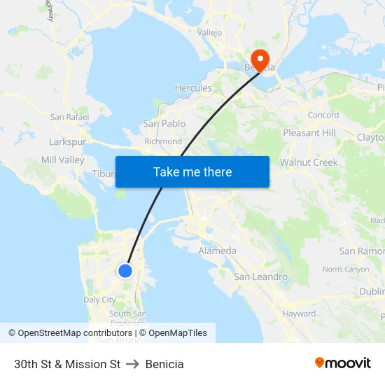 30th St & Mission St to Benicia map