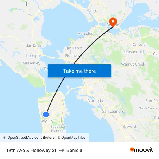 19th Ave & Holloway St to Benicia map