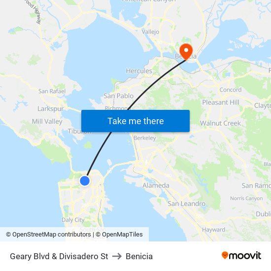 Geary Blvd & Divisadero St to Benicia map