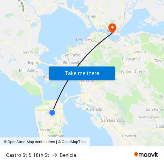 Castro St & 18th St to Benicia map