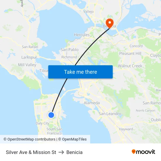 Silver Ave & Mission St to Benicia map