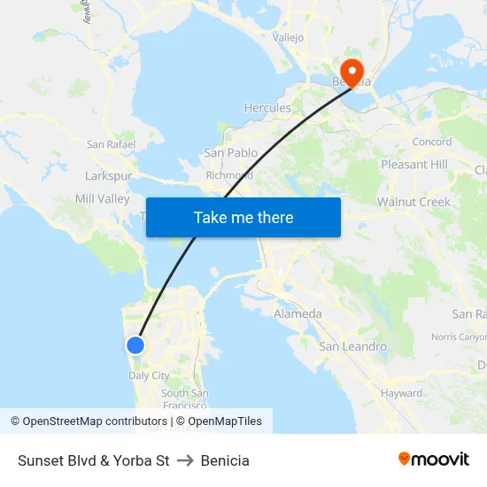 Sunset Blvd & Yorba St to Benicia map