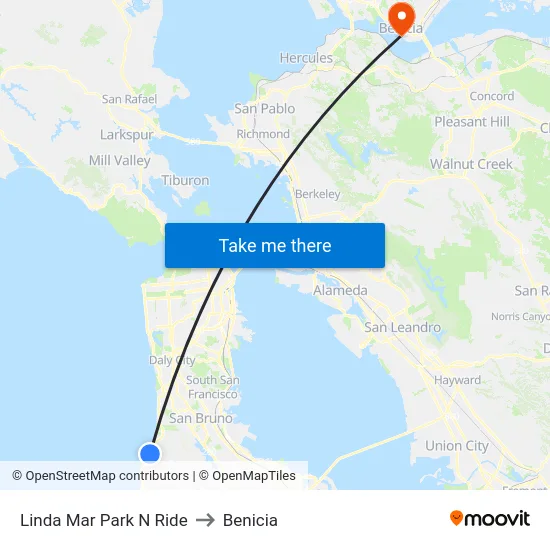 Linda Mar Park N Ride to Benicia map