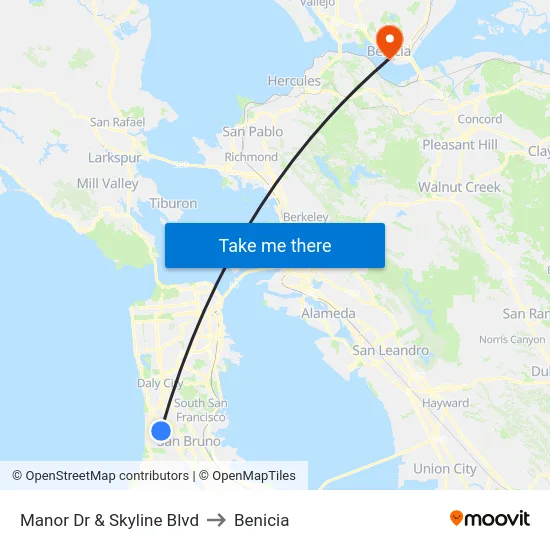 Manor Dr & Skyline Blvd to Benicia map