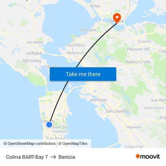 Colma BART-Bay 7 to Benicia map