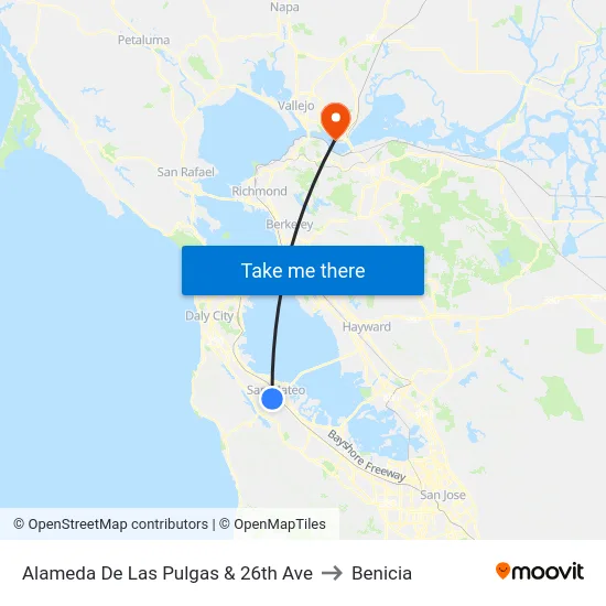 Alameda De Las Pulgas & 26th Ave to Benicia map