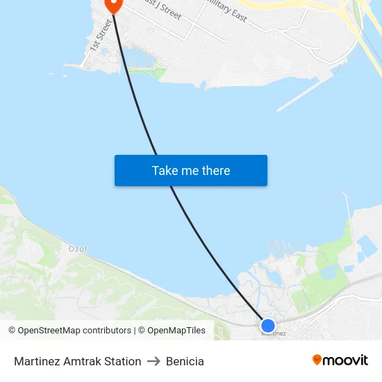 Martinez Amtrak Station to Benicia map