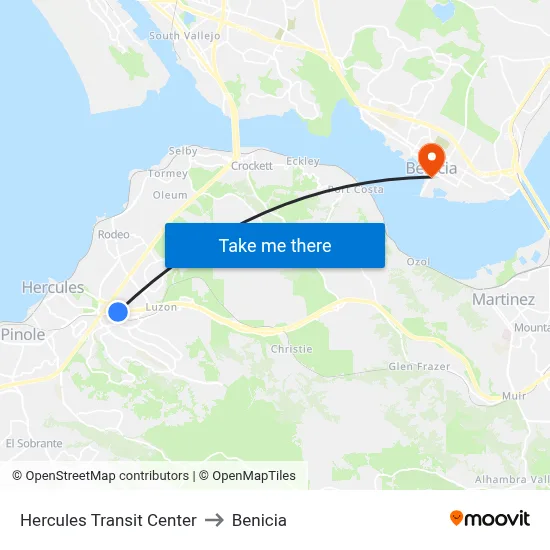 Hercules Transit Center to Benicia map