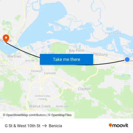 G St & West 10th St to Benicia map