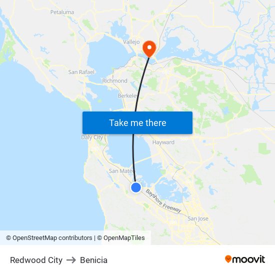 Redwood City to Benicia map