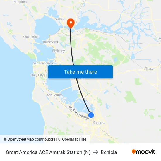 Great America ACE Amtrak Station (N) to Benicia map