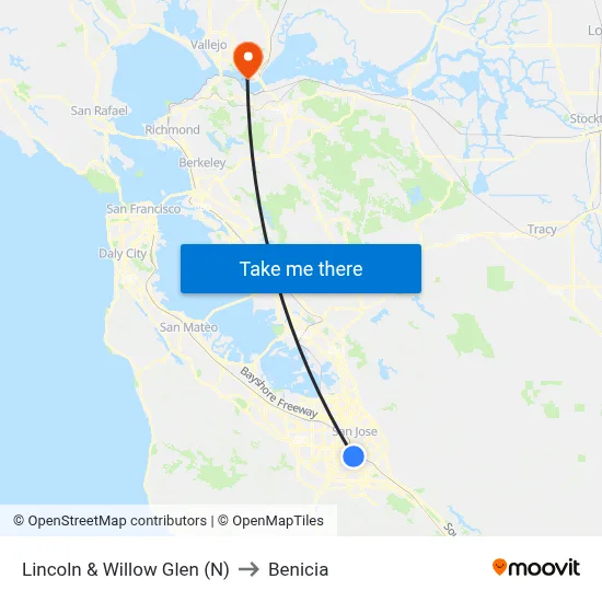 Lincoln & Willow Glen (N) to Benicia map
