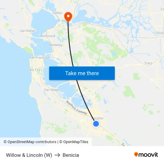 Willow & Lincoln (W) to Benicia map