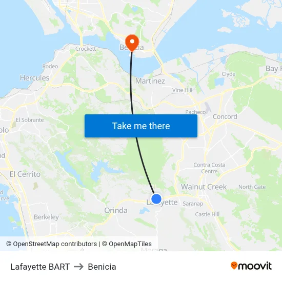 Lafayette BART to Benicia map