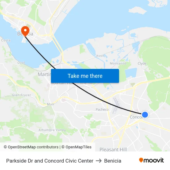 Parkside Dr and Concord Civic Center to Benicia map