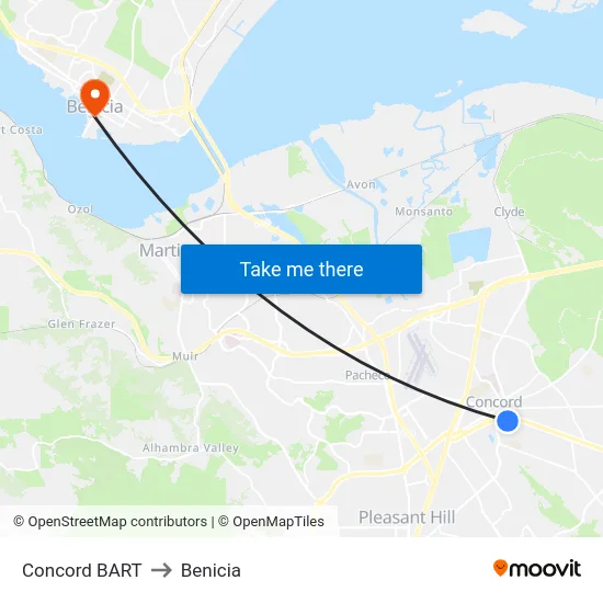 Concord BART to Benicia map