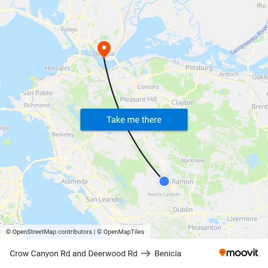 Crow Canyon Rd and Deerwood Rd to Benicia map