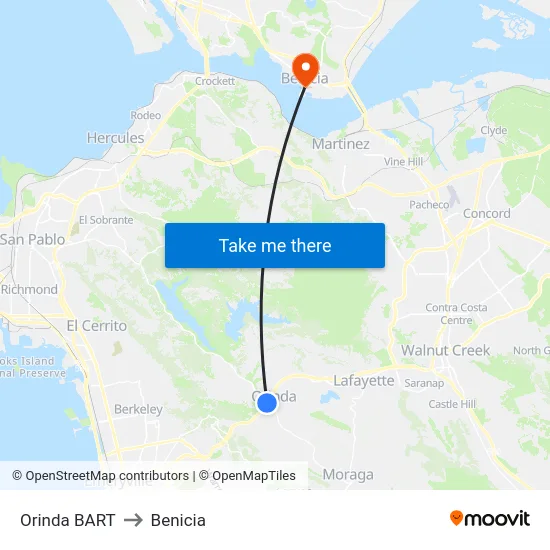 Orinda BART to Benicia map