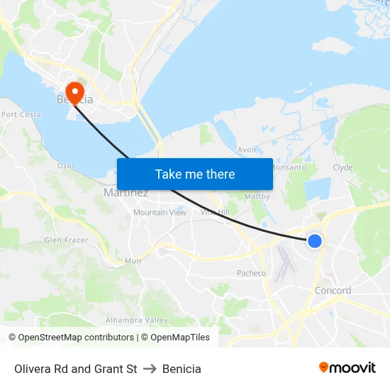 Olivera Rd and Grant St to Benicia map