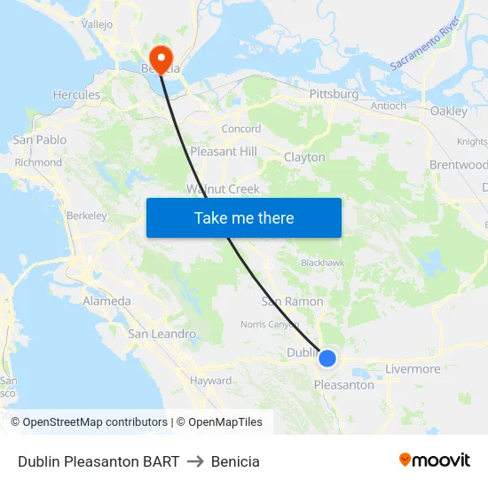 Dublin Pleasanton BART to Benicia map