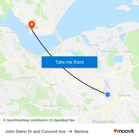 John Glenn Dr and Concord Ave to Benicia map