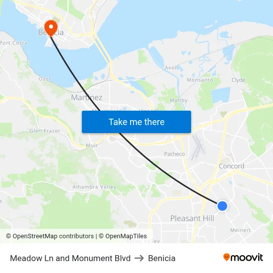 Meadow Ln and Monument Blvd to Benicia map