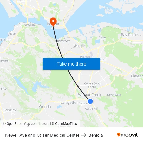 Newell Ave and Kaiser Medical Center to Benicia map