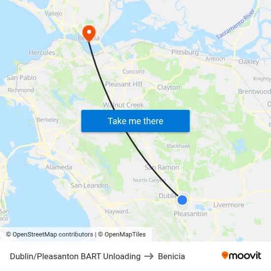 Dublin/Pleasanton BART Unloading to Benicia map