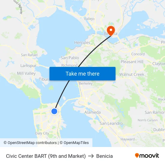 Civic Center BART (9th and Market) to Benicia map
