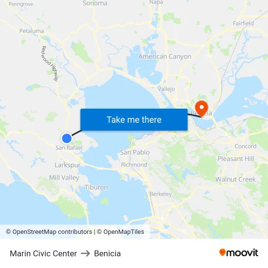 Marin Civic Center to Benicia map