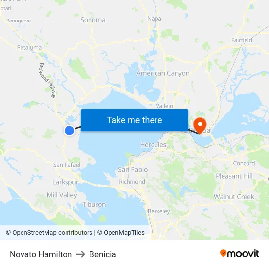 Novato Hamilton to Benicia map