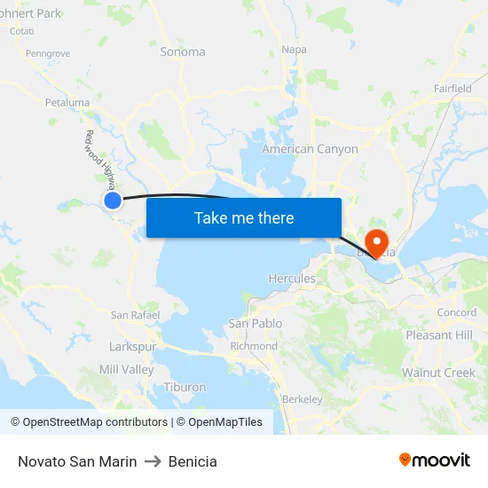 Novato San Marin to Benicia map