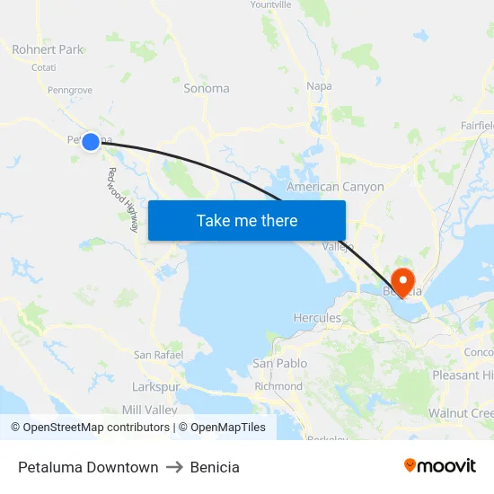 Petaluma Downtown to Benicia map