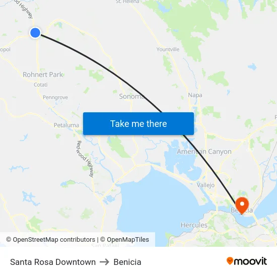 Santa Rosa Downtown to Benicia map