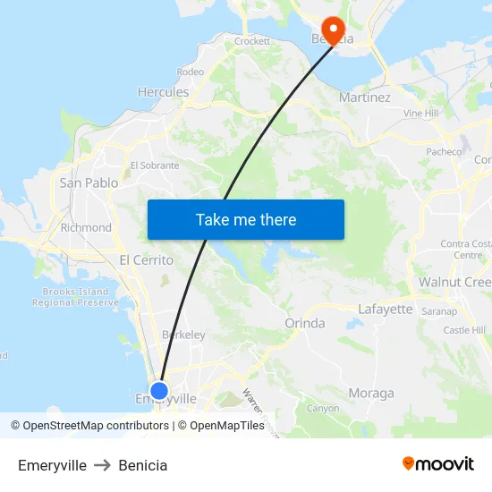 Emeryville to Benicia map