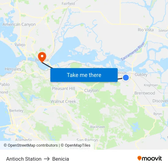 Antioch Station to Benicia map