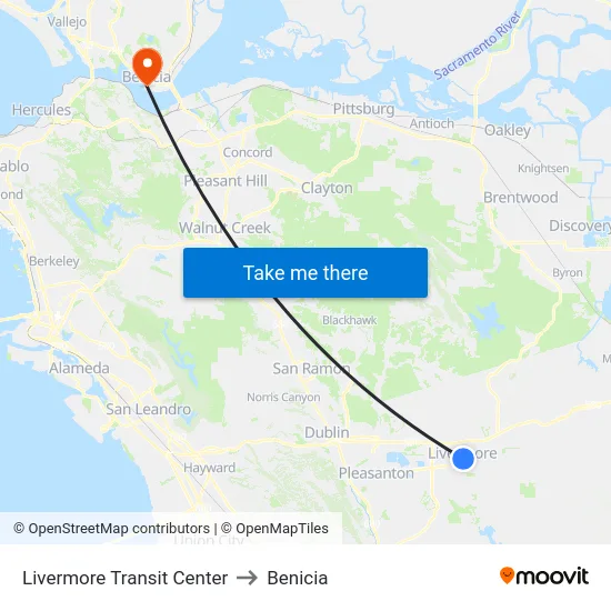 Livermore Transit Center to Benicia map