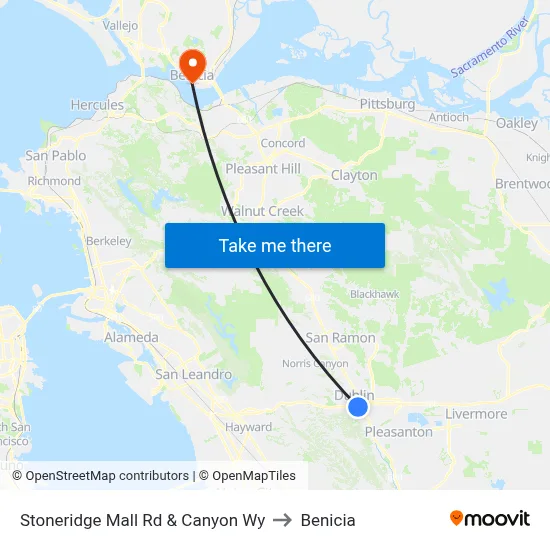 Stoneridge Mall Rd & Canyon Wy to Benicia map