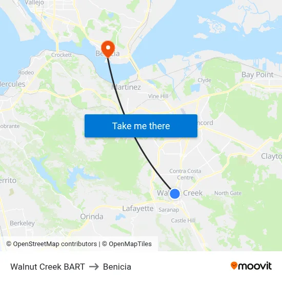 Walnut Creek BART to Benicia map