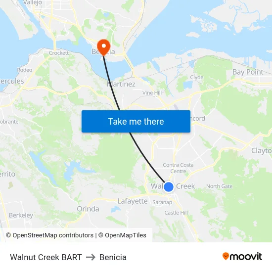 Walnut Creek BART to Benicia map