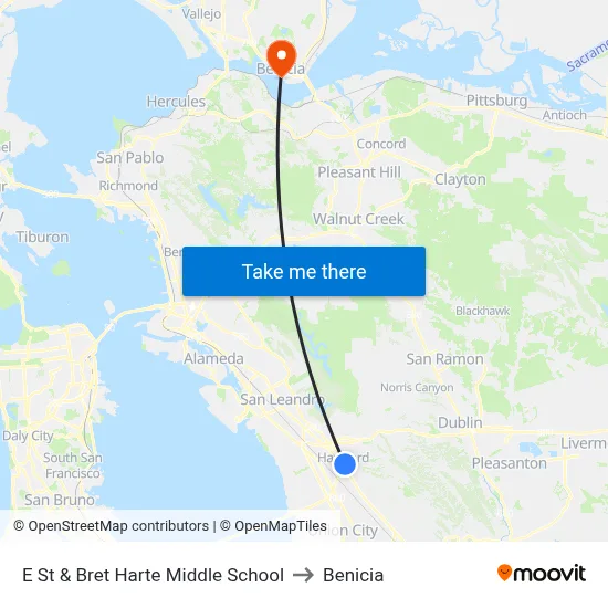 E St & Bret Harte Middle School to Benicia map