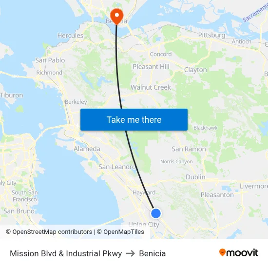 Mission Blvd & Industrial Pkwy to Benicia map