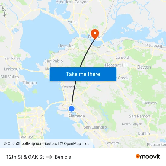 12th St & OAK St to Benicia map