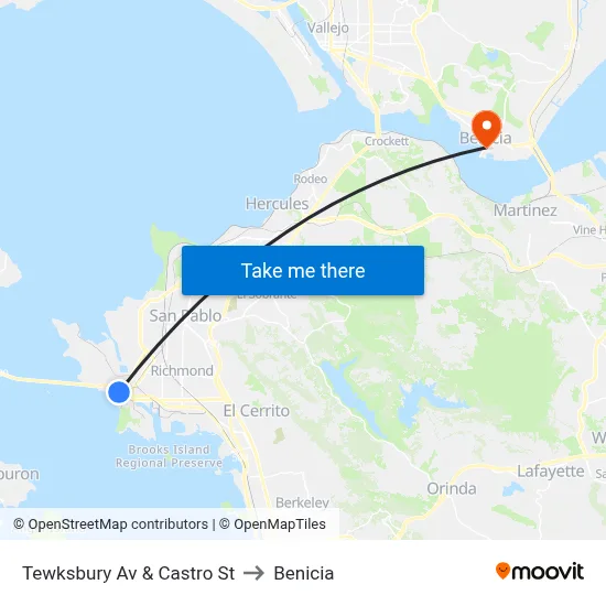 Tewksbury Av & Castro St to Benicia map
