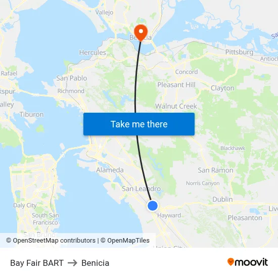 Bay Fair BART to Benicia map