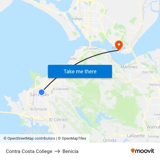 Contra Costa College to Benicia map