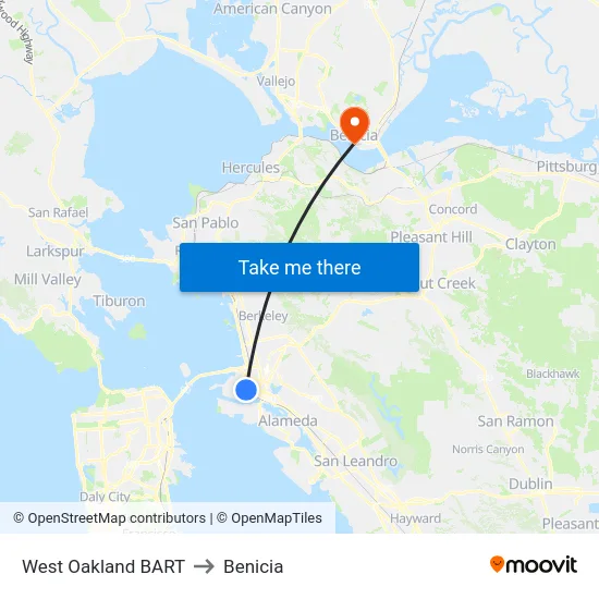 West Oakland BART to Benicia map