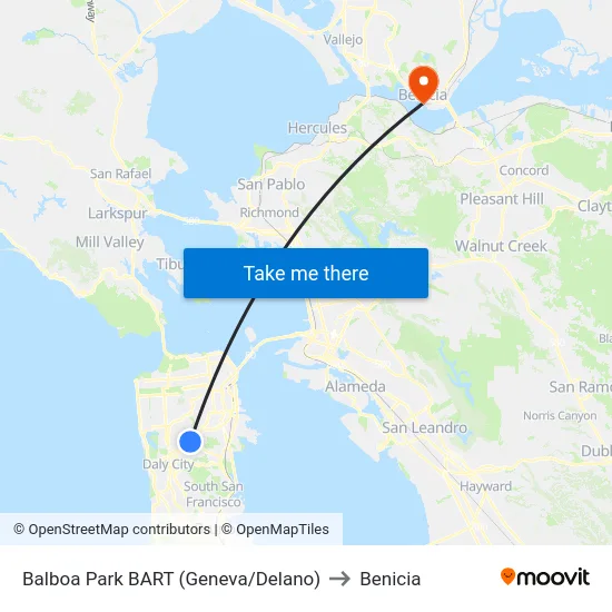 Balboa Park BART (Geneva/Delano) to Benicia map